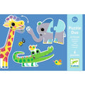 Peças do puzzle Djeco Puzzle Duo Animais Ariculáveis, com uma girafa, um elefante e um crocodilo.