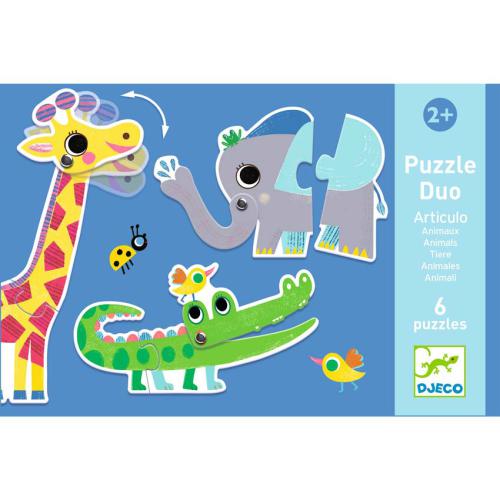 Peças do puzzle Djeco Puzzle Duo Animais Ariculáveis, com uma girafa, um elefante e um crocodilo.