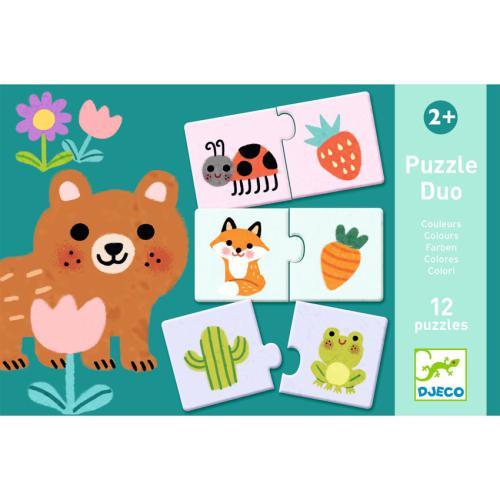 Puzzle educativo Djeco Duo Cores com peças de cartão para associação de cores.