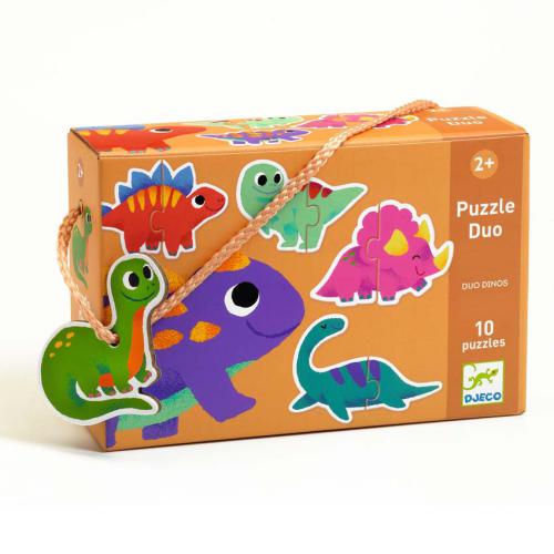 Caixa do puzzle Djeco Puzzle Duo Dinossauros com ilustrações de vários dinossauros coloridos e um exemplo de puzzle pendurado.