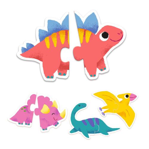 Exemplos de puzzles Djeco Puzzle Duo Dinossauros montados, mostrando como as duas peças se encaixam para formar dinossauros como o Estegossauro e o Triceratops.