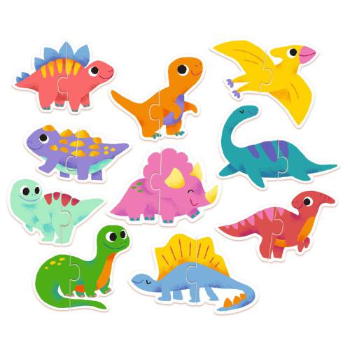 Todas as 20 peças do puzzle Djeco Puzzle Duo Dinossauros espalhadas, mostrando os 10 dinossauros completos que podem ser formados.