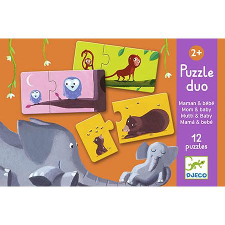 Puzzle Djeco Duo Mãe e Bebé com peças representando diferentes animais e suas crias, como elefantes, leões, ursos e corujas.