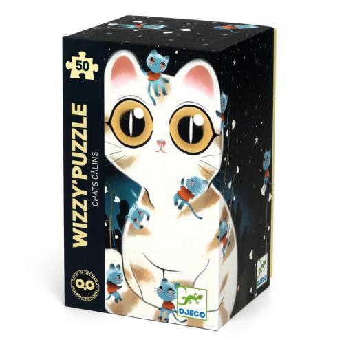 Caixa do Djeco Puzzle Gatos Fofinhos 50 peças com ilustração de um gato grande e gatos pequenos fluorescentes.