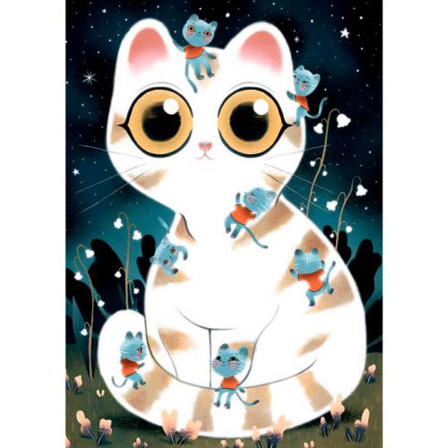 Imagem completa do Djeco Puzzle Gatos Fofinhos 50 peças, mostrando o gato grande e os gatos pequenos no ambiente noturno.