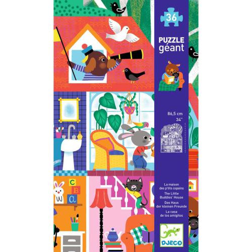 Embalagem do Djeco Puzzle Gigante Casa dos Amigos 36 peças, com ilustração da casa e detalhes do produto.