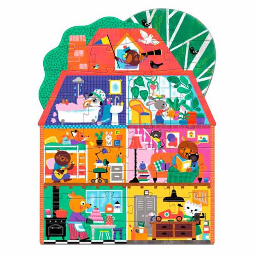 Djeco Puzzle Gigante Casa dos Amigos 36 peças montado, mostrando casa com animais em várias divisões.