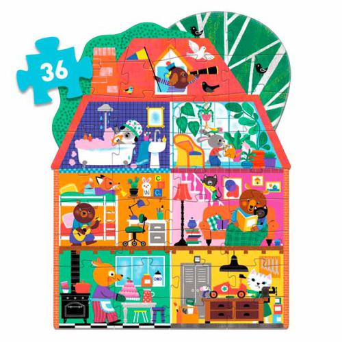 Djeco Puzzle Gigante Casa dos Amigos 36 peças montado, mostrando casa com animais em várias divisões.