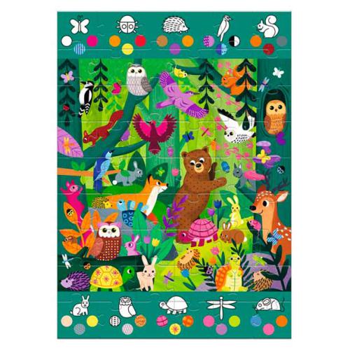 Puzzle Djeco Gigante Observa a Floresta montado. Detalhe da cena da floresta com animais. Jogo educativo para +5 anos.