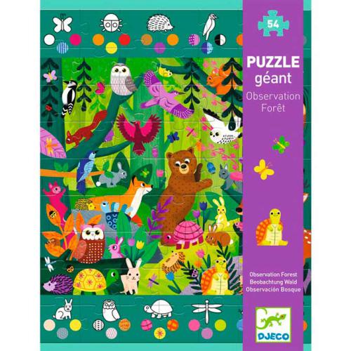 Puzzle Djeco Gigante Observa a Floresta (54 peças). Ilustração vibrante da floresta com animais, ideal para crianças +5 anos.