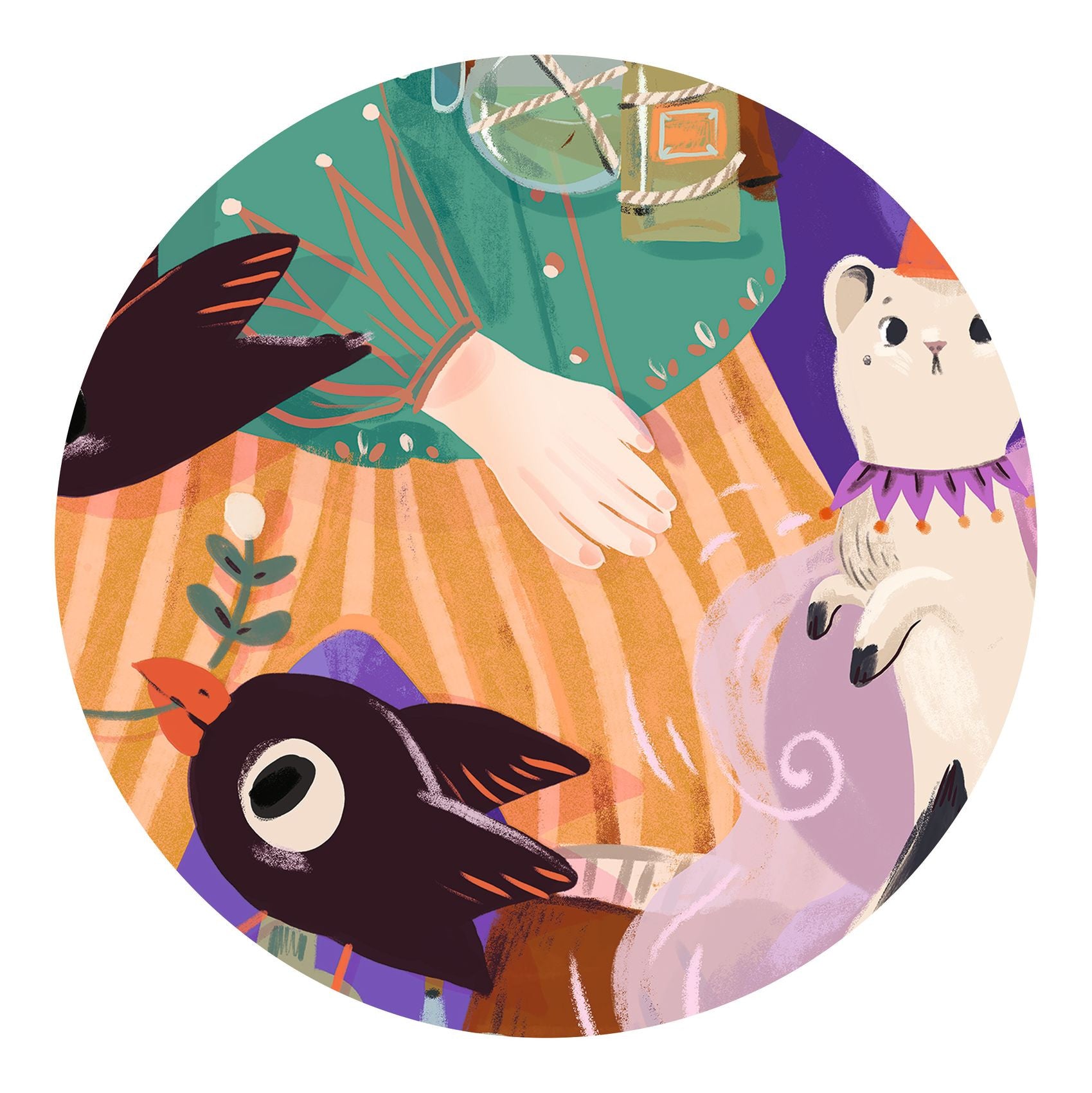 Detalhe da ilustração do Puzzle Djeco Pio, o Feiticeiro, mostrando um pássaro, a mão de Pio e um furão.