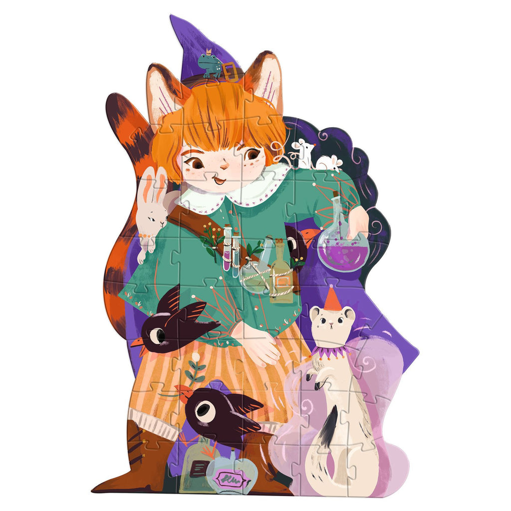 Puzzle Djeco Pio, o Feiticeiro (36 peças) montado. Ilustração colorida de Pio, o feiticeiro gato, com seus animais.