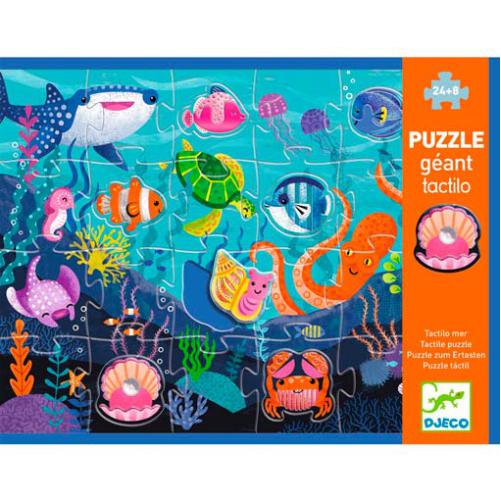 Caixa do Djeco Puzzle Gigante Tátil Oceano 32 peças, mostrando a ilustração completa e o conteúdo.