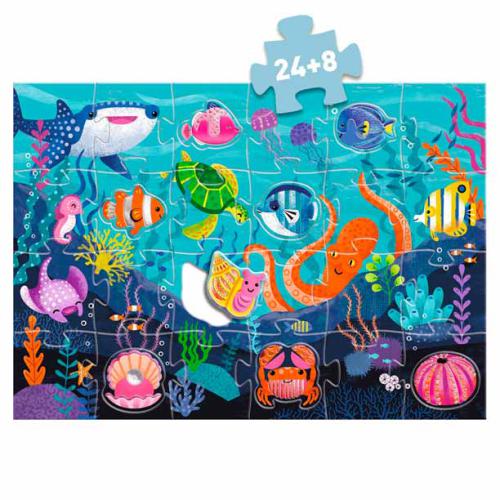 Djeco Puzzle Gigante Tátil Oceano 32 peças montado, mostrando as peças e uma peça tátil separada para encaixar.