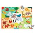 Puzzle de madeira Djeco com 22 peças de animais coloridos para crianças.