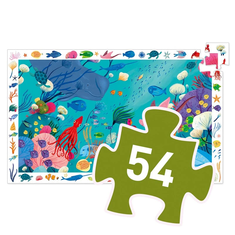 Djeco Puzzle Observação Aquático 54 Peças montado, exibindo a cena subaquática colorida e uma peça grande com o número 54.
