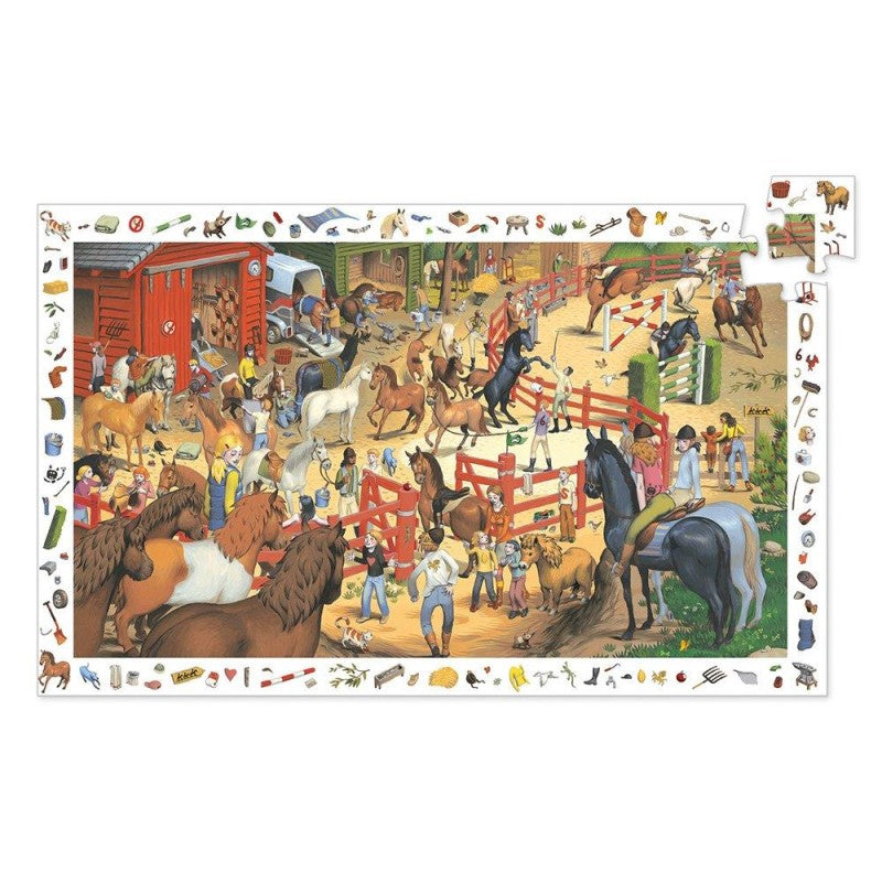 Visão geral do puzzle Djeco Observação Equitação de 200 peças, mostrando a cena equestre completa e a borda com objetos.