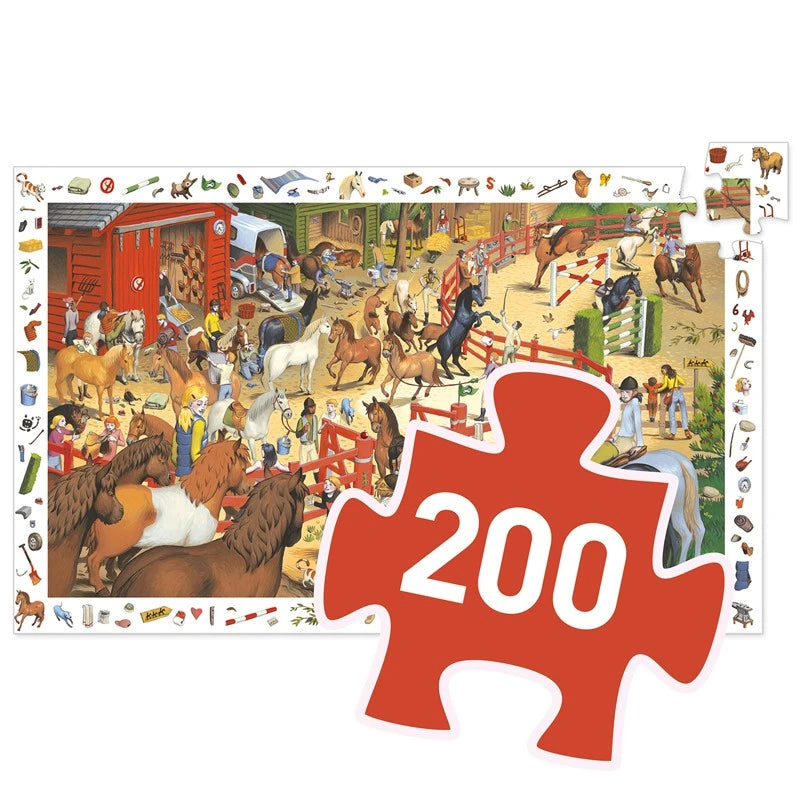 Puzzle Djeco Observação Equitação 200 peças montado, com uma peça grande em primeiro plano mostrando o número de peças.
