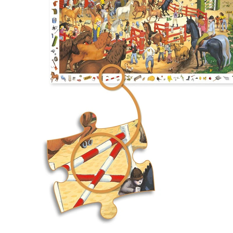 Detalhe de uma peça do puzzle Djeco Observação Equitação 200 peças, com ampliação de um objeto escondido.
