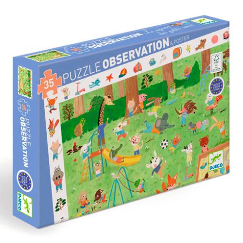 Caixa do Djeco Puzzle Observação Jardim dos Animais 35 Peças, mostrando a arte e o número de peças.