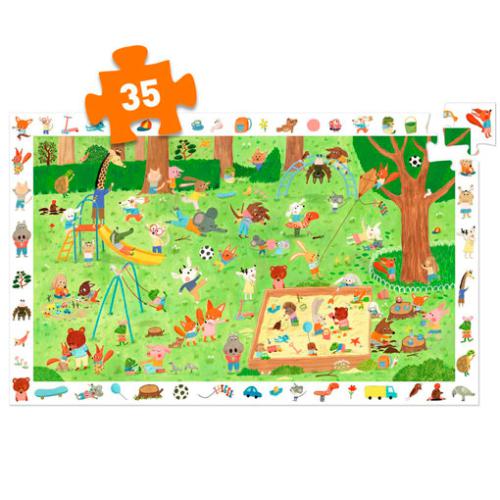 Imagem completa do Djeco Puzzle Observação Jardim dos Animais 35 Peças com elementos de observação na margem.