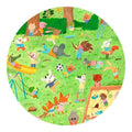 Detalhe circular da arte do Djeco Puzzle Observação Jardim dos Animais, focando nos personagens e cenário.