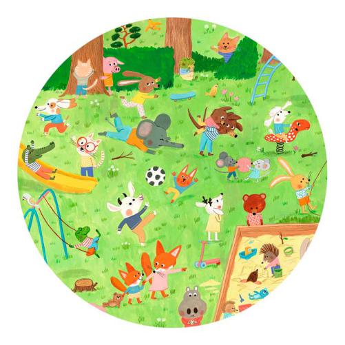 Detalhe circular da arte do Djeco Puzzle Observação Jardim dos Animais, focando nos personagens e cenário.