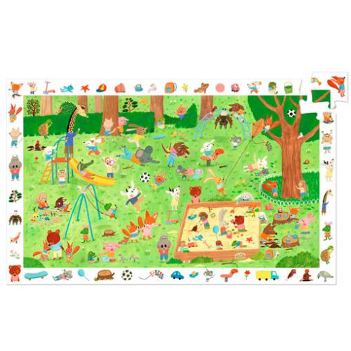 Vista completa do puzzle Djeco Jardim dos Animais 35 Peças, destacando a atividade de observação.