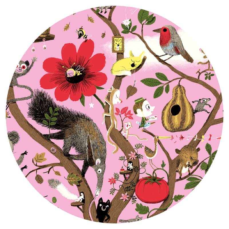 Vista circular detalhada da ilustração do Djeco Puzzle panorámico Arbracadabra 200 peças com animais e plantas.