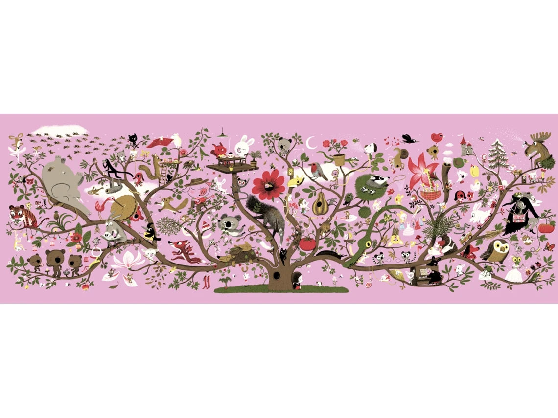 Ilustração completa do Djeco Puzzle panorámico Arbracadabra 200 peças com árvore, animais e personagens.