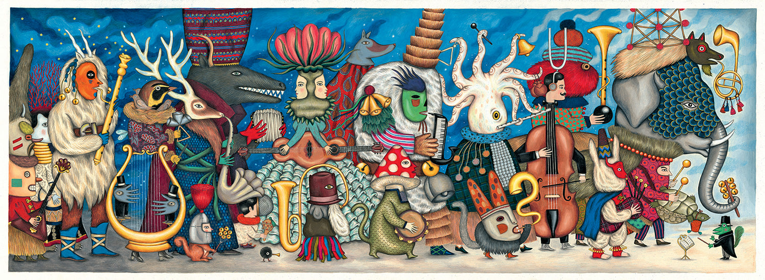 Ilustração completa do Djeco Puzzle panorâmico orquestra fantasia 500 peças, com todos os personagens fantásticos.