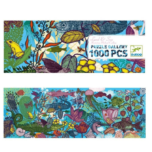 Imagem do design da caixa do puzzle Djeco panorâmico Terra e Mar 1000 peças com ilustrações.