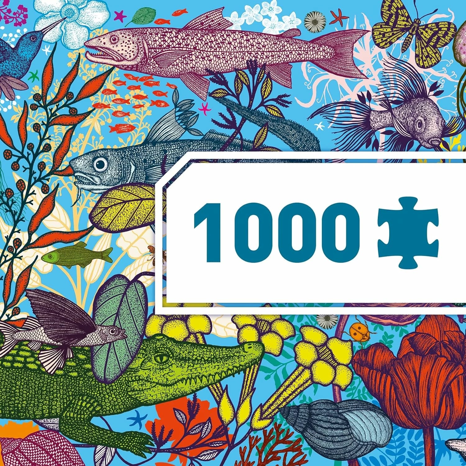 Detalhe da ilustração do puzzle Djeco 1000 peças com destaque para o número 1000 e peça.
