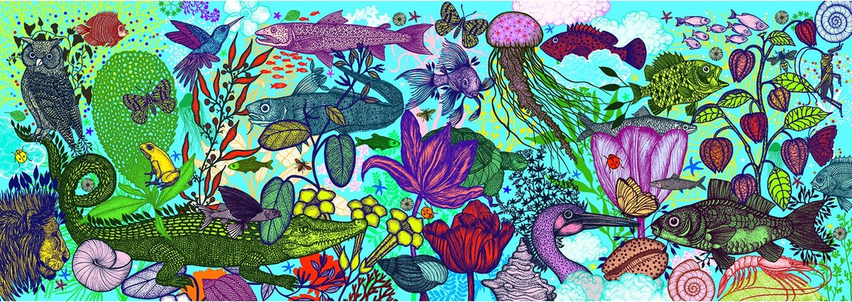 Ilustração panorâmica completa do puzzle Djeco Terra e Mar 1000 peças com animais e plantas.