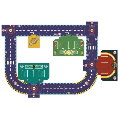 Circuito completo do puzzle Djeco Crazy Motors 24 peças, com estradas, oficina, lavagem e estacionamento.