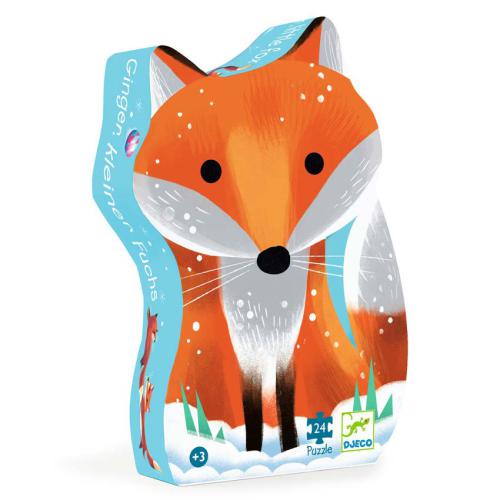 Caixa do Djeco Puzzle Silhueta Ginger a Raposa - 24 peças em forma de raposa, com ilustração de raposa e neve.