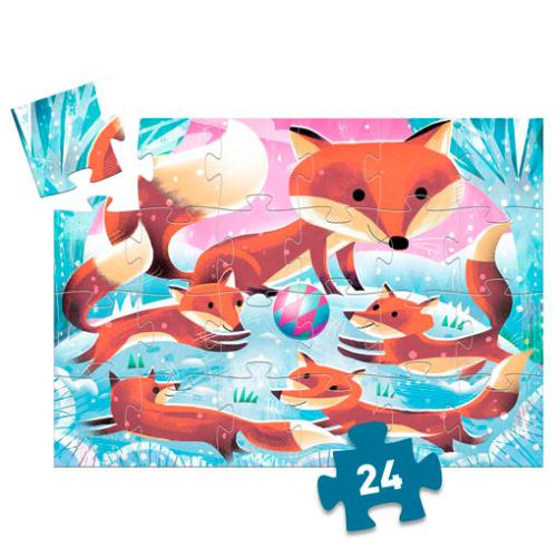 Djeco Puzzle Silhueta Ginger a Raposa - 24 peças montado, com peça avulsa e indicação de 24 peças.
