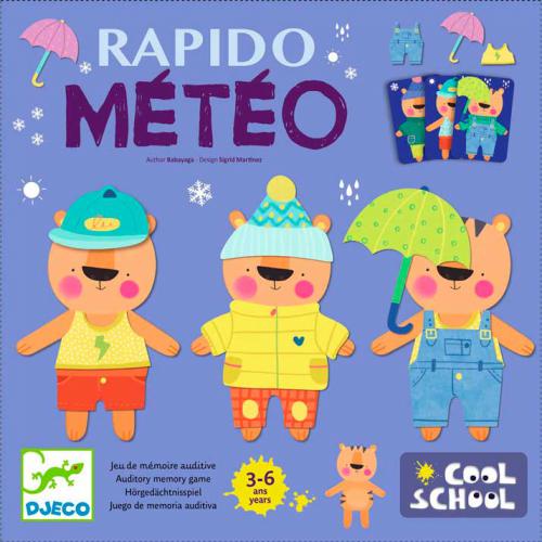 Imagem da caixa do jogo Djeco Rápido Meteo, mostrando tigres e acessórios de roupa coloridos.