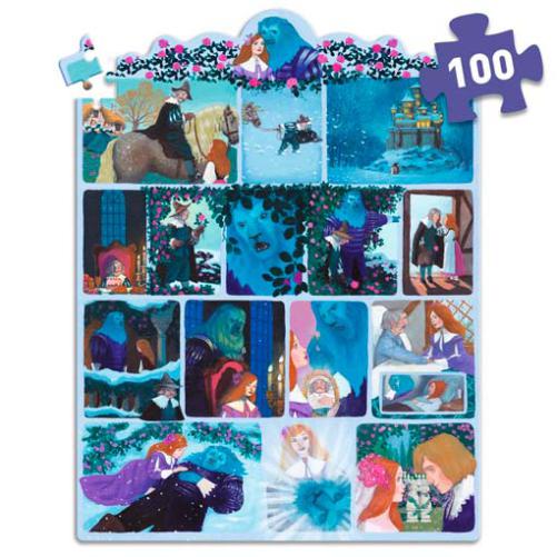 Imagem completa do Djeco Story Puzzle de 100 peças A Bela e o Monstro, mostrando todas as cenas da história em formato de banda desenhada.