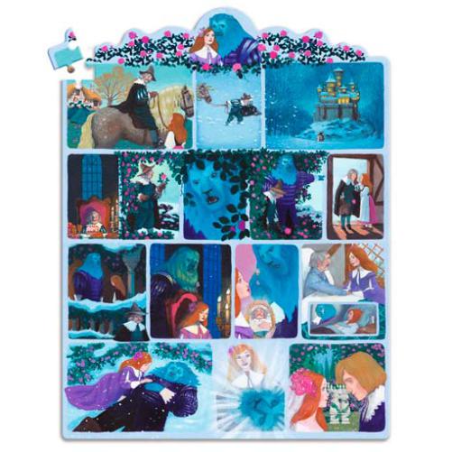 Vista completa do Djeco Story Puzzle de 100 peças A Bela e o Monstro, destacando a forma do puzzle e as cenas sequenciais do conto.