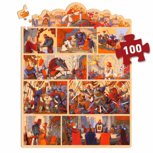 Djeco Story Puzzle 100 peças O Rei Artur com a indicação vermelha do número de peças.