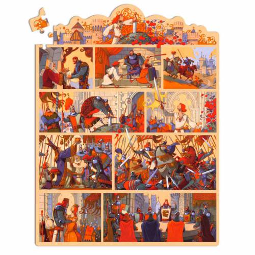 Djeco Story Puzzle 100 peças O Rei Artur completo mostrando todas as cenas da lenda em banda desenhada.
