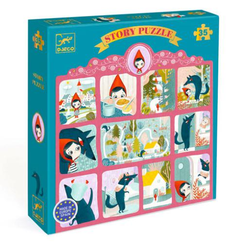 Caixa do puzzle Djeco Story Puzzle 35 peças - O Capuchinho Vermelho, mostrando ilustrações do conto em estilo de banda desenhada.