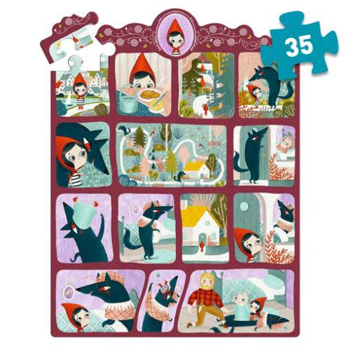 Puzzle Djeco Story Puzzle 35 peças - O Capuchinho Vermelho montado, com uma peça solta para ilustrar o tamanho e encaixe.
