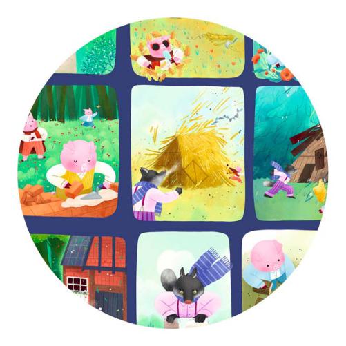 Detalhe das peças do puzzle Djeco Story Puzzle 35 peças - Os 3 Porquinhos, mostrando a ilustração da história dos três porquinhos.