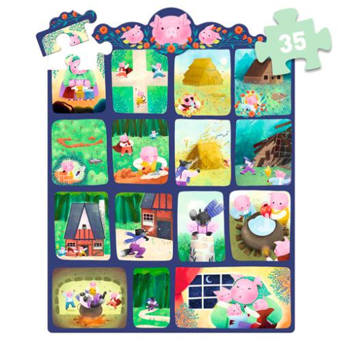 Puzzle Djeco Story Puzzle 35 peças - Os 3 Porquinhos montado, com uma peça solta para mostrar o encaixe.