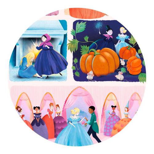 Puzzle Djeco Story de 54 peças com a ilustração da história da Cinderela na embalagem rosa.