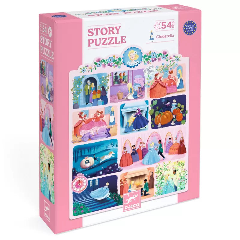 Puzzle Djeco Story de 54 peças com a ilustração da história da Cinderela na embalagem rosa.