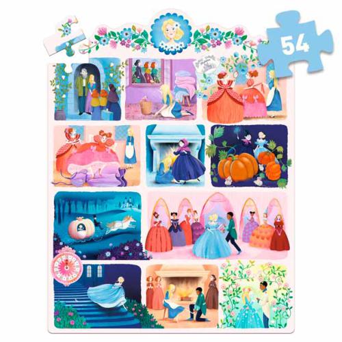 Puzzle Djeco Story Cinderela montado, mostrando a sequência de imagens da história da Cinderela.