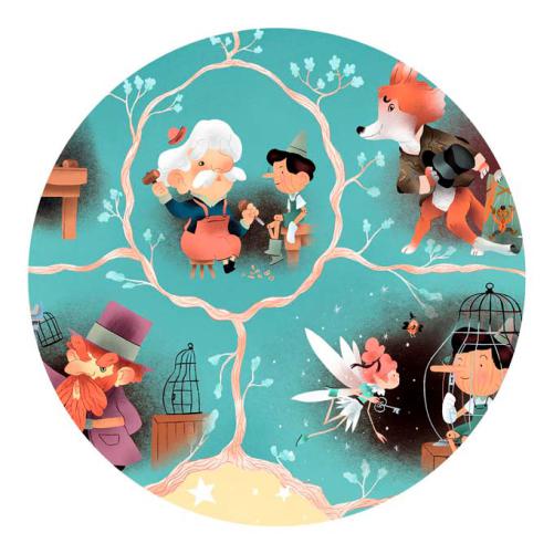 Ilustração circular com cenas chave do conto de Pinóquio, incluindo Gepeto, a Fada, a Raposa e o Gato, em estilo banda desenhada muda.